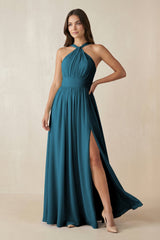 Halter Neck Ruched A-Line Chiffon Dress in Dark Teal - KISS BRIDAL BRIDESMAID DRESSES