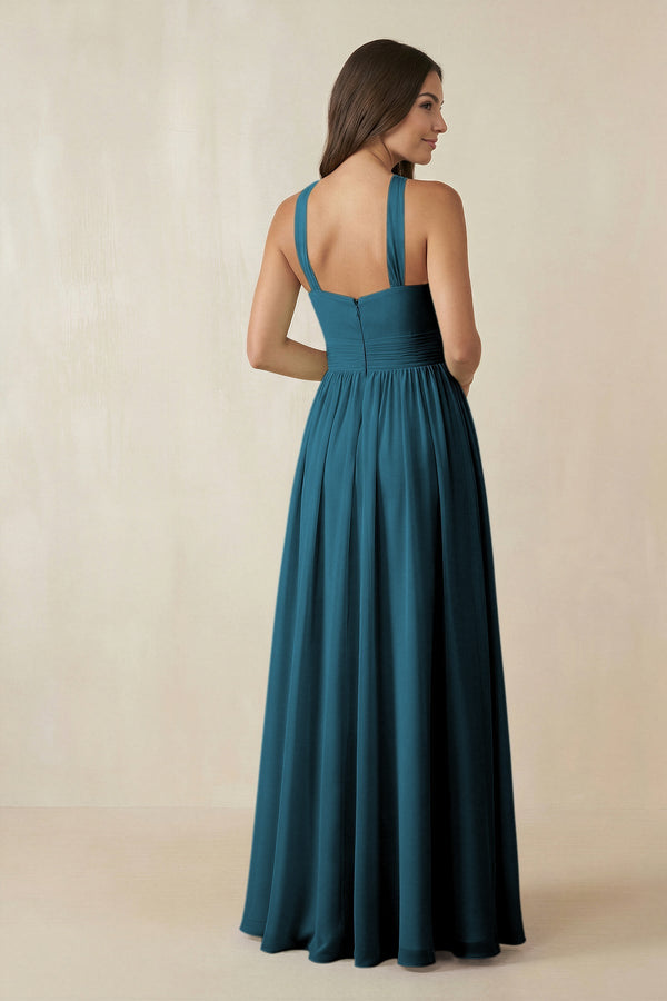Halter Neck Ruched A-Line Chiffon Dress in Dark Teal - SHE IS ME BRIDESMAID DRESSES