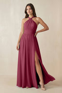 Halter Neck Ruched A-Line Chiffon Dress in Desert Rose - SHE IS ME BRIDESMAID DRESSES