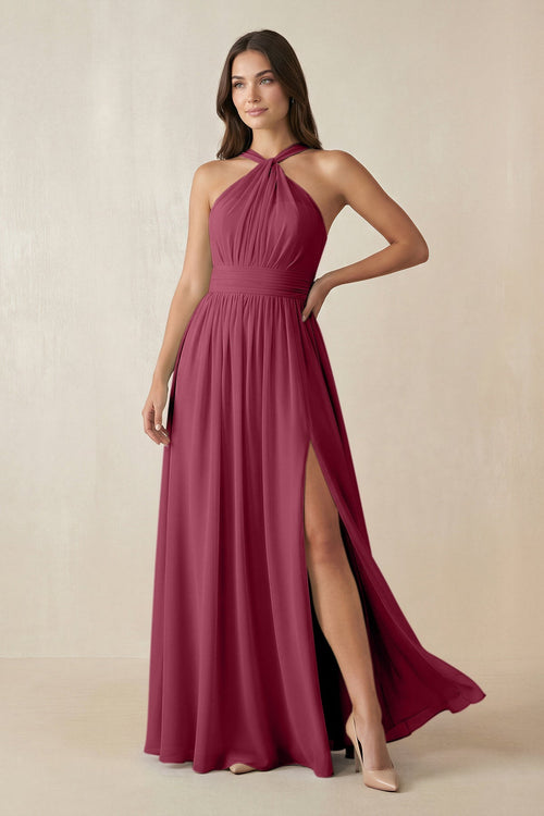 Halter Neck Ruched A-Line Chiffon Dress in Desert Rose - SHE IS ME BRIDESMAID DRESSES