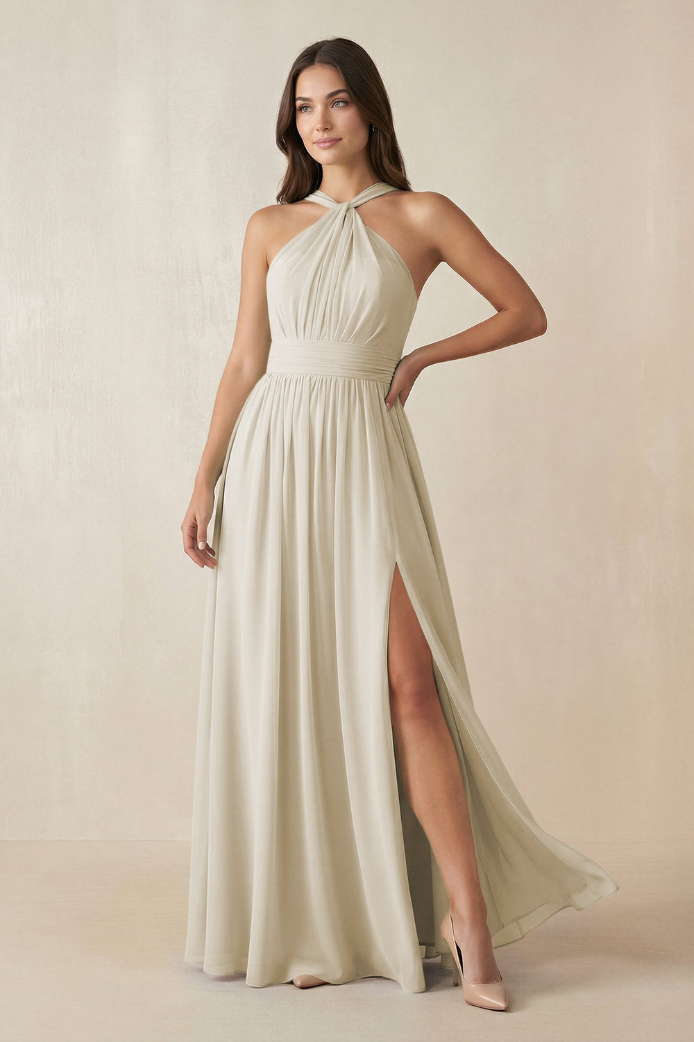 Halter Neck Ruched A-Line Chiffon Dress in Dove Gray - KISS BRIDAL BRIDESMAID DRESSES