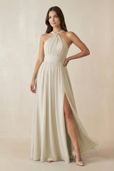 Halter Neck Ruched A-Line Chiffon Dress in Dove Gray - KISS BRIDAL BRIDESMAID DRESSES