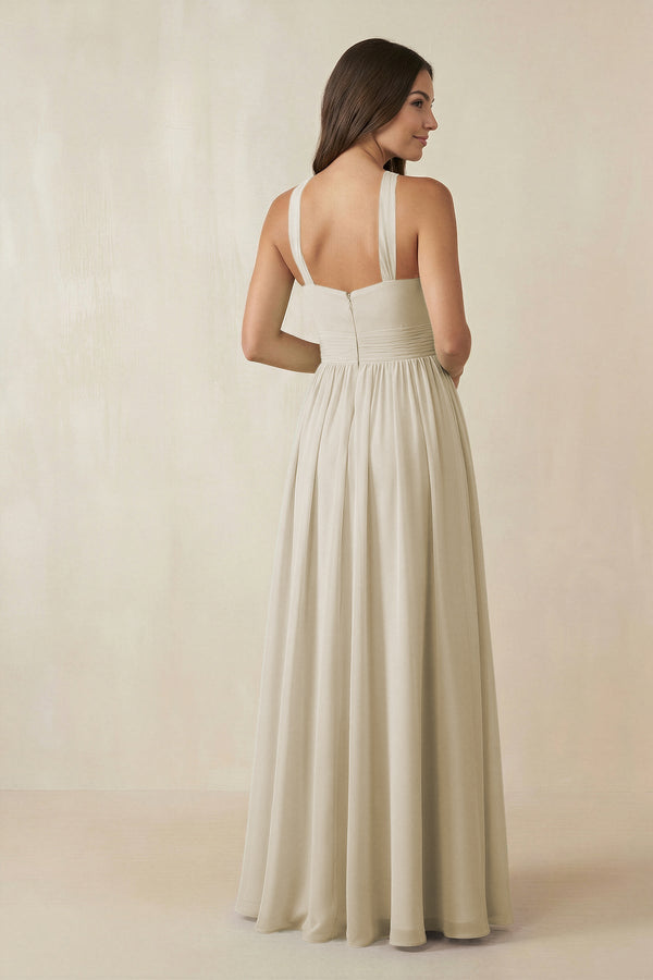 Halter Neck Ruched A-Line Chiffon Dress in Dove Gray - SHE IS ME BRIDESMAID DRESSES