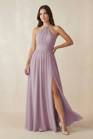 Halter Neck Ruched A-Line Chiffon Dress in Dusk - SHE IS ME BRIDESMAID DRESSES