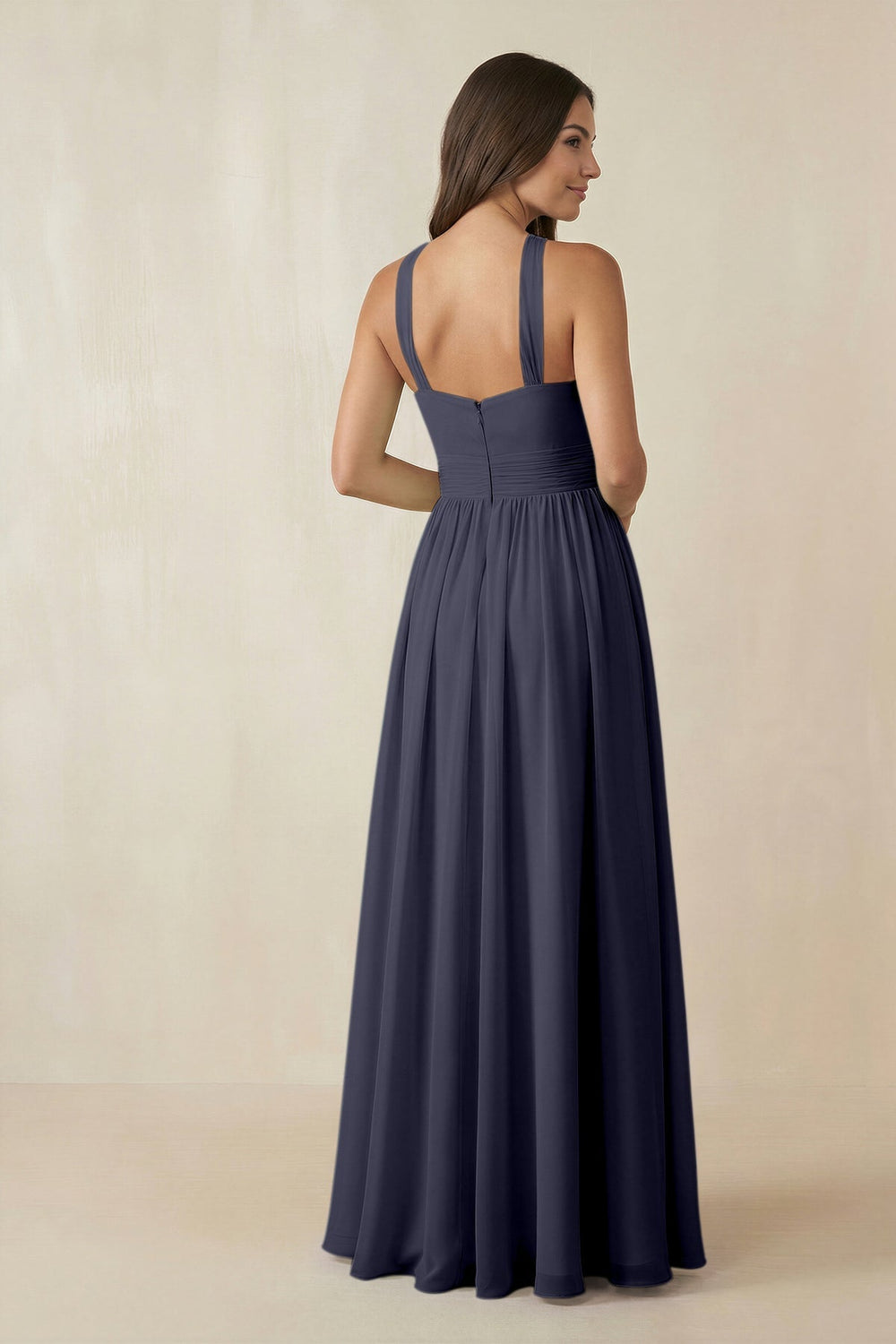 Halter Neck Ruched A-Line Chiffon Dress in Dusk Blue - KISS BRIDAL BRIDESMAID DRESSES