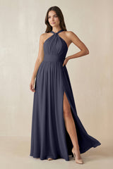Halter Neck Ruched A-Line Chiffon Dress in Dusk Blue - KISS BRIDAL BRIDESMAID DRESSES