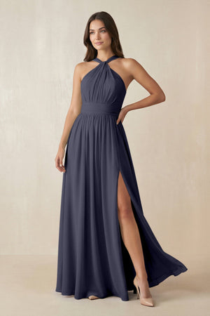 Halter Neck Ruched A-Line Chiffon Dress in Dusk Blue - SHE IS ME BRIDESMAID DRESSES