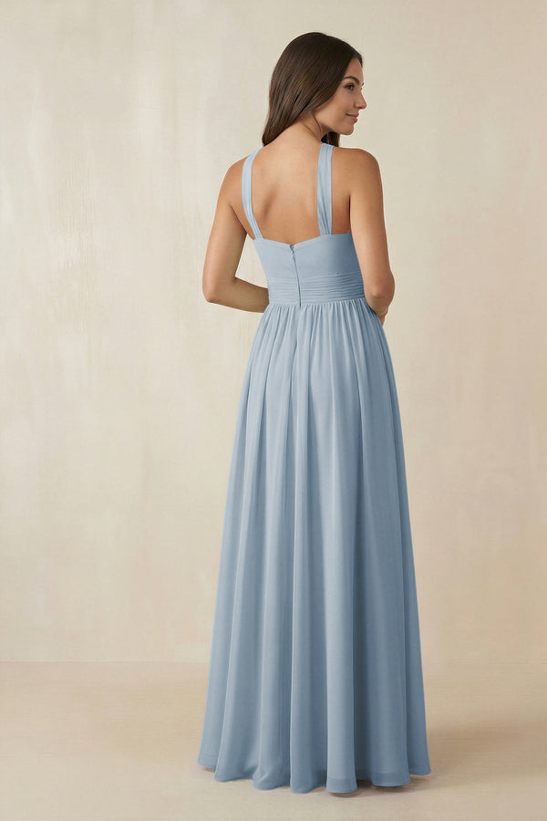 Halter Neck Ruched A-Line Chiffon Dress in Dusty Blue - SHE IS ME BRIDESMAID DRESSES