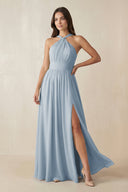 Halter Neck Ruched A-Line Chiffon Dress in Dusty Blue - SHE IS ME BRIDESMAID DRESSES