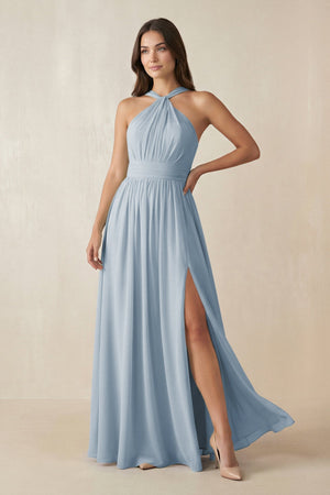 Halter Neck Ruched A-Line Chiffon Dress in Dusty Blue - SHE IS ME BRIDESMAID DRESSES