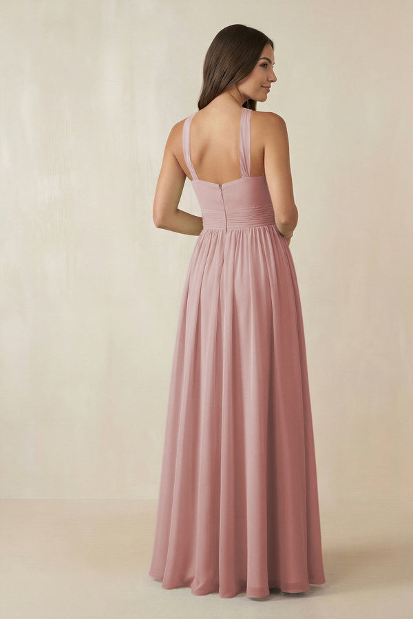Halter Neck Ruched A-Line Chiffon Dress in Dusty Rose - SHE IS ME BRIDESMAID DRESSES