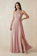 Halter Neck Ruched A-Line Chiffon Dress in Dusty Rose - SHE IS ME BRIDESMAID DRESSES