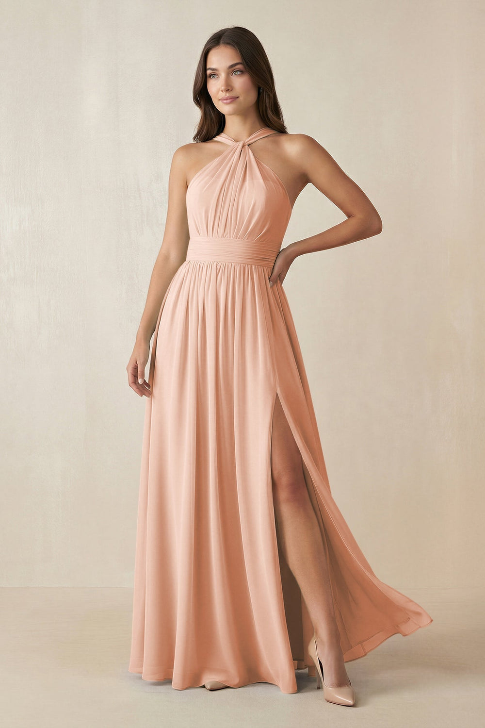 Halter Neck Ruched A-Line Chiffon Dress in English Rose - KISS BRIDAL BRIDESMAID DRESSES