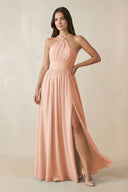 Halter Neck Ruched A-Line Chiffon Dress in English Rose - SHE IS ME BRIDESMAID DRESSES