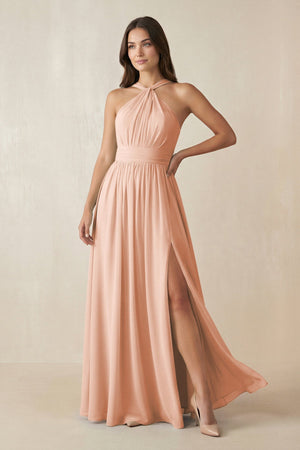 Halter Neck Ruched A-Line Chiffon Dress in English Rose - SHE IS ME BRIDESMAID DRESSES