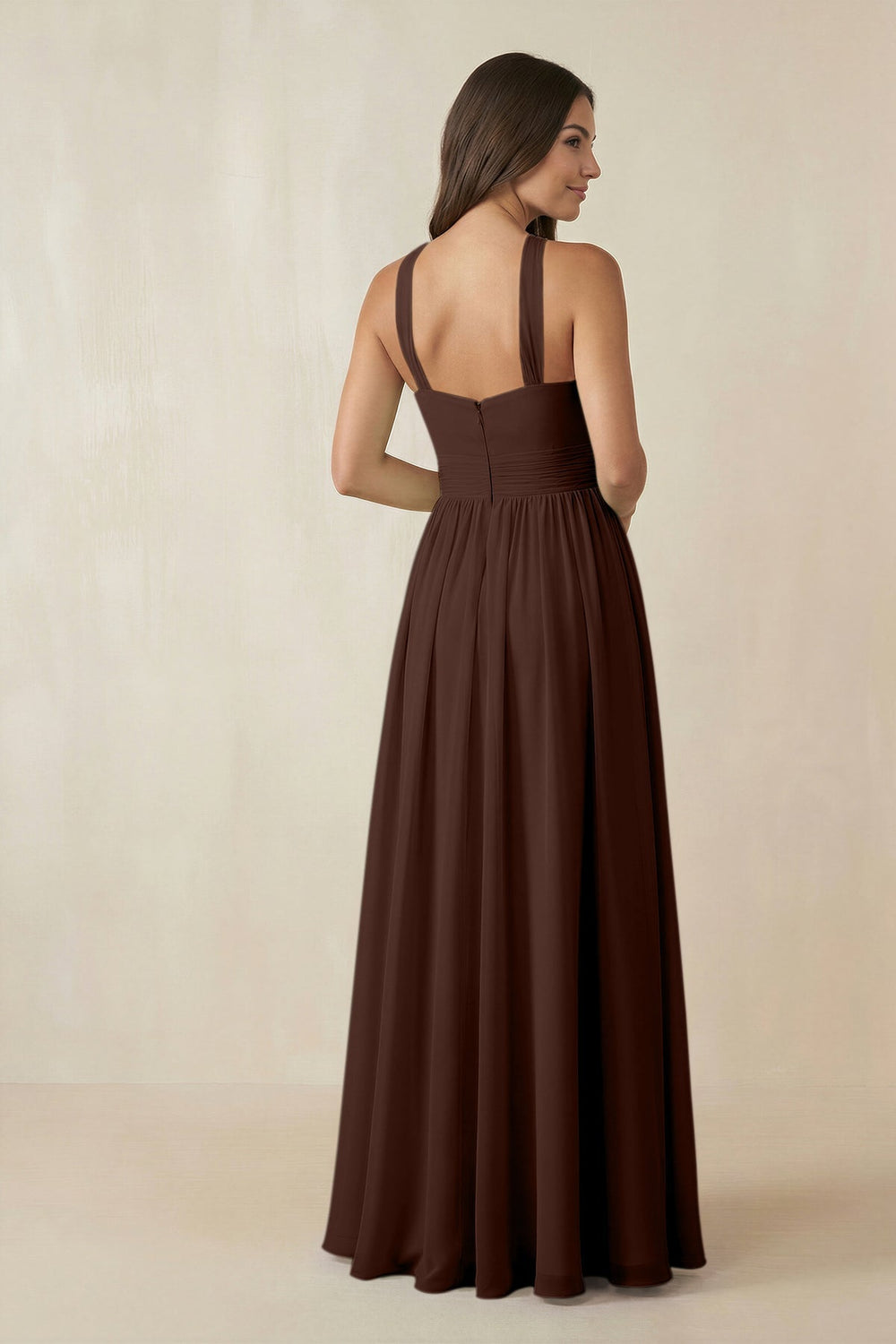 Halter Neck Ruched A-Line Chiffon Dress in Espresso - KISS BRIDAL BRIDESMAID DRESSES