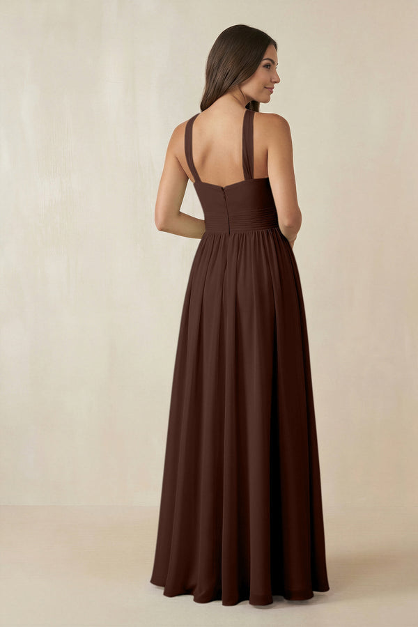 Halter Neck Ruched A-Line Chiffon Dress in Espresso - SHE IS ME BRIDESMAID DRESSES