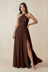 Halter Neck Ruched A-Line Chiffon Dress in Espresso - KISS BRIDAL BRIDESMAID DRESSES