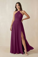 Halter Neck Ruched A-Line Chiffon Dress in Fig - SHE IS ME BRIDESMAID DRESSES