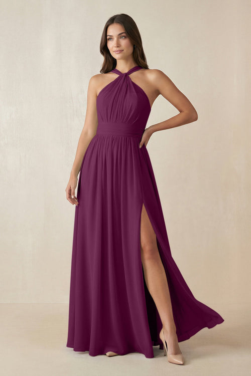 Halter Neck Ruched A-Line Chiffon Dress in Fig - SHE IS ME BRIDESMAID DRESSES