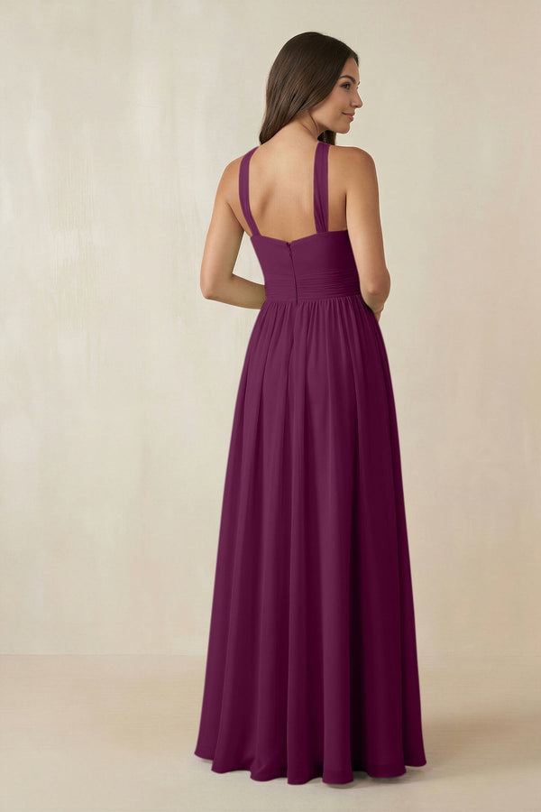 Halter Neck Ruched A-Line Chiffon Dress in Fig - SHE IS ME BRIDESMAID DRESSES