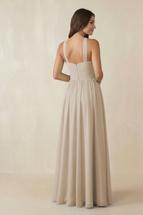 Halter Neck Ruched A-Line Chiffon Dress in Frost - SHE IS ME BRIDESMAID DRESSES