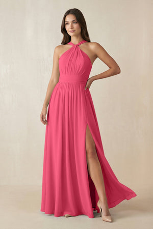 Halter Neck Ruched A-Line Chiffon Dress in Fuchsia - SHE IS ME BRIDESMAID DRESSES