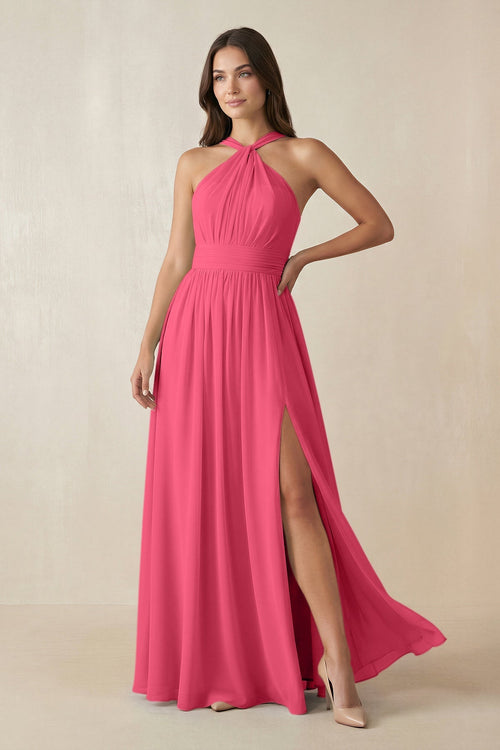 Halter Neck Ruched A-Line Chiffon Dress in Fuchsia - SHE IS ME BRIDESMAID DRESSES