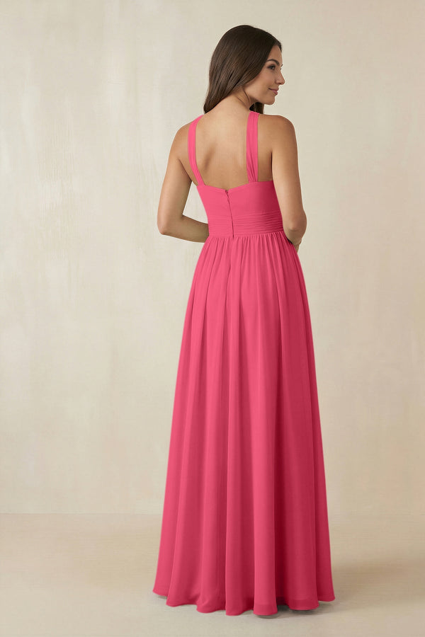 Halter Neck Ruched A-Line Chiffon Dress in Fuchsia - SHE IS ME BRIDESMAID DRESSES