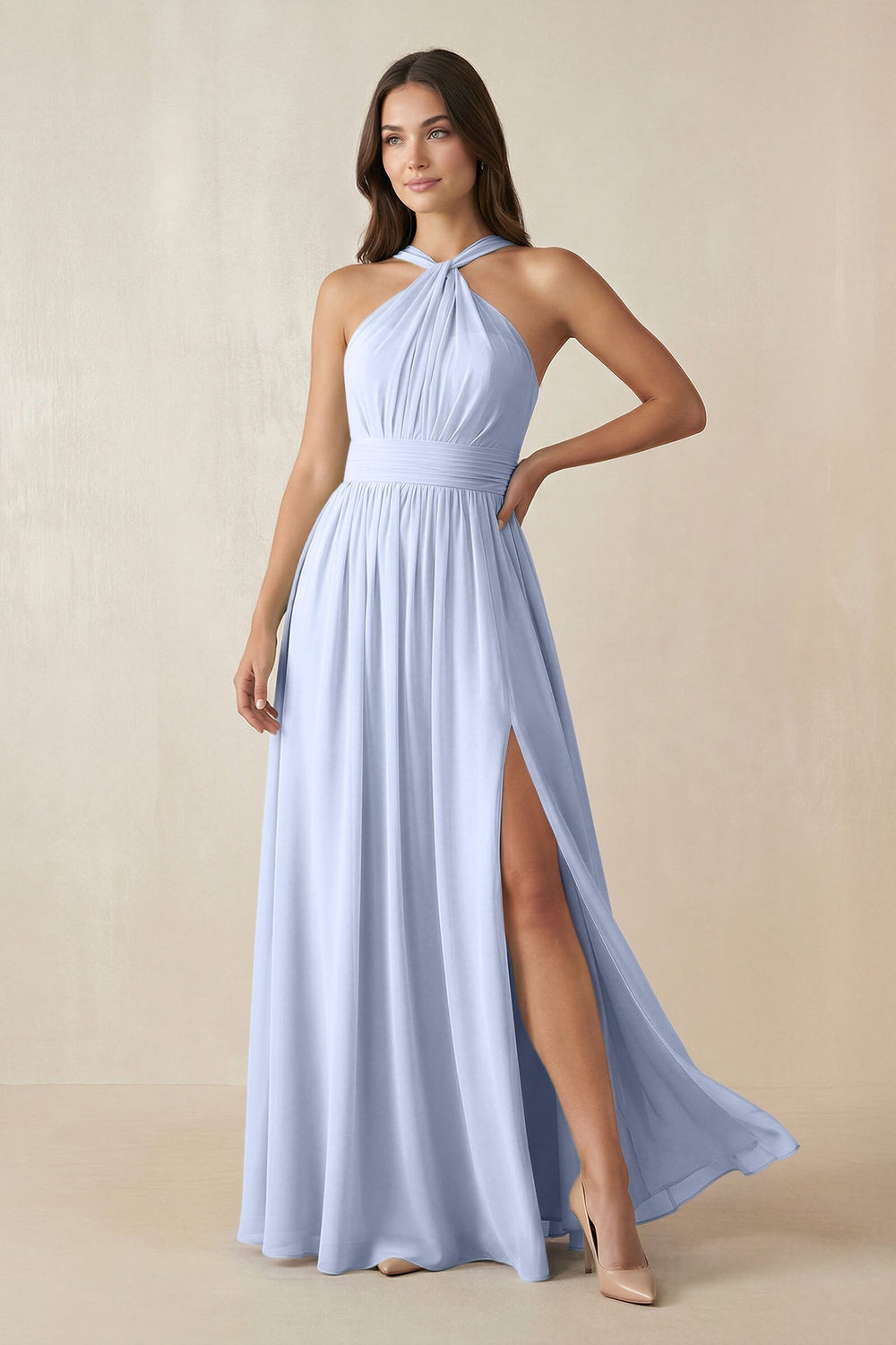 Halter Neck Ruched A-Line Chiffon Dress in Ice - KISS BRIDAL BRIDESMAID DRESSES