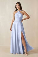 Halter Neck Ruched A-Line Chiffon Dress in Ice - SHE IS ME BRIDESMAID DRESSES