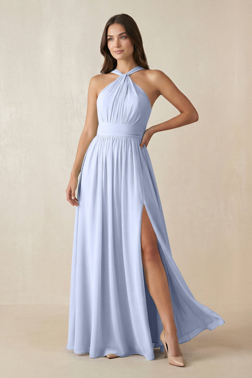 Halter Neck Ruched A-Line Chiffon Dress in Ice - SHE IS ME BRIDESMAID DRESSES