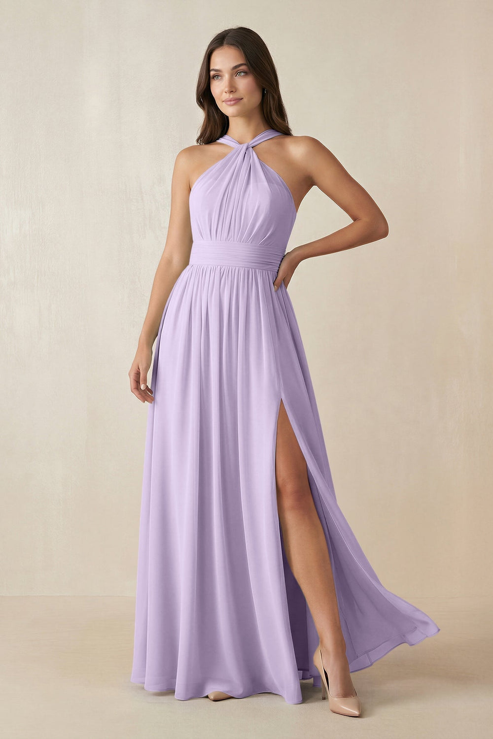 Halter Neck Ruched A-Line Chiffon Dress in Lavender - KISS BRIDAL BRIDESMAID DRESSES