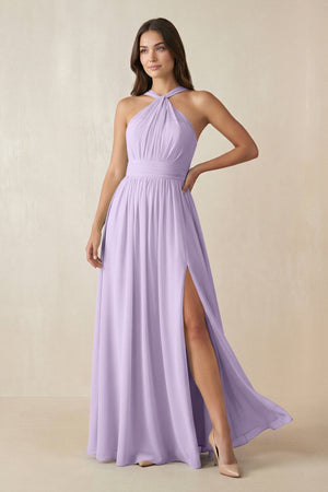 Halter Neck Ruched A-Line Chiffon Dress in Lavender - SHE IS ME BRIDESMAID DRESSES