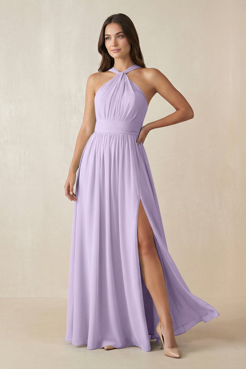 Halter Neck Ruched A-Line Chiffon Dress in Lavender - SHE IS ME BRIDESMAID DRESSES