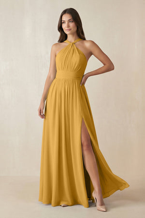 Halter Neck Ruched A-Line Chiffon Dress in Marigold - SHE IS ME BRIDESMAID DRESSES