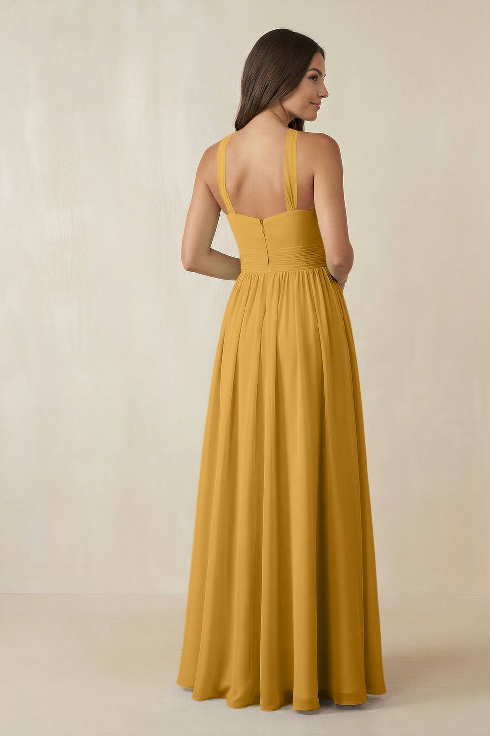 Halter Neck Ruched A-Line Chiffon Dress in Marigold - KISS BRIDAL BRIDESMAID DRESSES