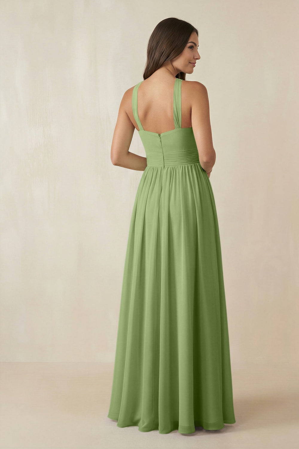 Halter Neck Ruched A-Line Chiffon Dress in Matcha - KISS BRIDAL BRIDESMAID DRESSES