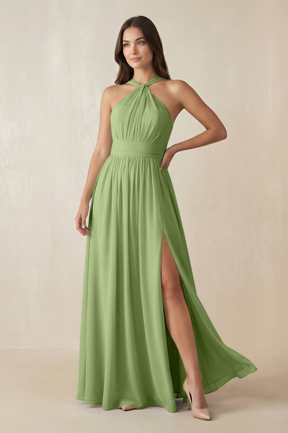 Halter Neck Ruched A-Line Chiffon Dress in Matcha - KISS BRIDAL BRIDESMAID DRESSES