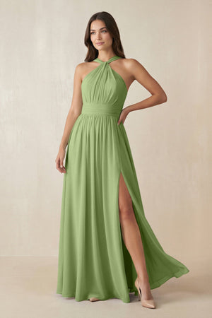 Halter Neck Ruched A-Line Chiffon Dress in Matcha - SHE IS ME BRIDESMAID DRESSES