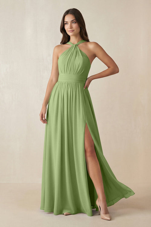 Halter Neck Ruched A-Line Chiffon Dress in Matcha - SHE IS ME BRIDESMAID DRESSES