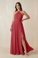 Halter Neck Ruched A-Line Chiffon Dress in Merlot - SHE IS ME BRIDESMAID DRESSES