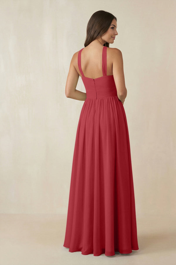 Halter Neck Ruched A-Line Chiffon Dress in Merlot - SHE IS ME BRIDESMAID DRESSES