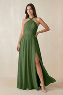 Halter Neck Ruched A-Line Chiffon Dress in Moss - SHE IS ME BRIDESMAID DRESSES