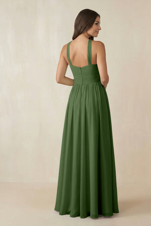 Halter Neck Ruched A-Line Chiffon Dress in Moss - SHE IS ME BRIDESMAID DRESSES