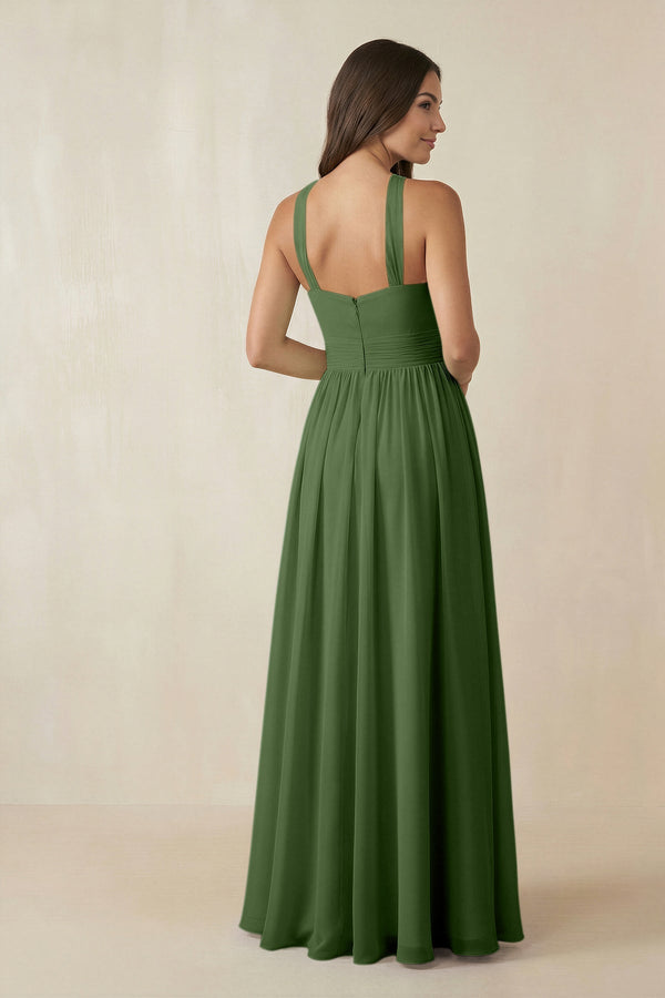 Halter Neck Ruched A-Line Chiffon Dress in Moss - SHE IS ME BRIDESMAID DRESSES