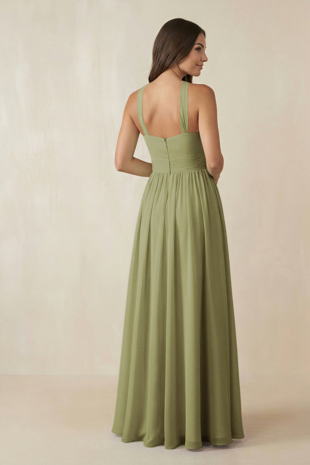Halter Neck Ruched A-Line Chiffon Dress in Moss Green - KISS BRIDAL BRIDESMAID DRESSES