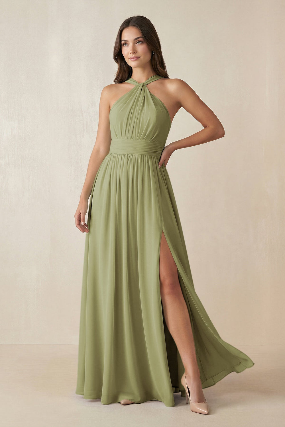 Halter Neck Ruched A-Line Chiffon Dress in Moss Green - KISS BRIDAL BRIDESMAID DRESSES