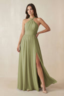 Halter Neck Ruched A-Line Chiffon Dress in Moss Green - SHE IS ME BRIDESMAID DRESSES
