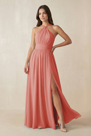 Halter Neck Ruched A-Line Chiffon Dress in Mulberry - SHE IS ME BRIDESMAID DRESSES